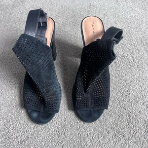 Tahari Margaret 2 Black Suede cut out peep toe sling back block heels